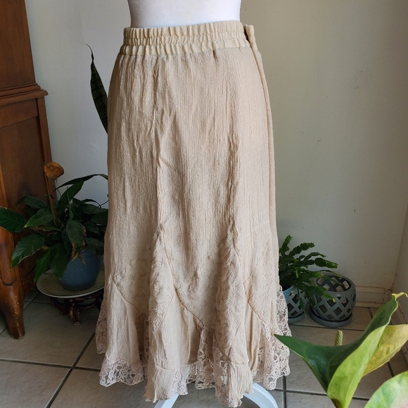 Krazy Kat Cream Tan Smocked A-line Midi Skirt - Picture 4 of 7
